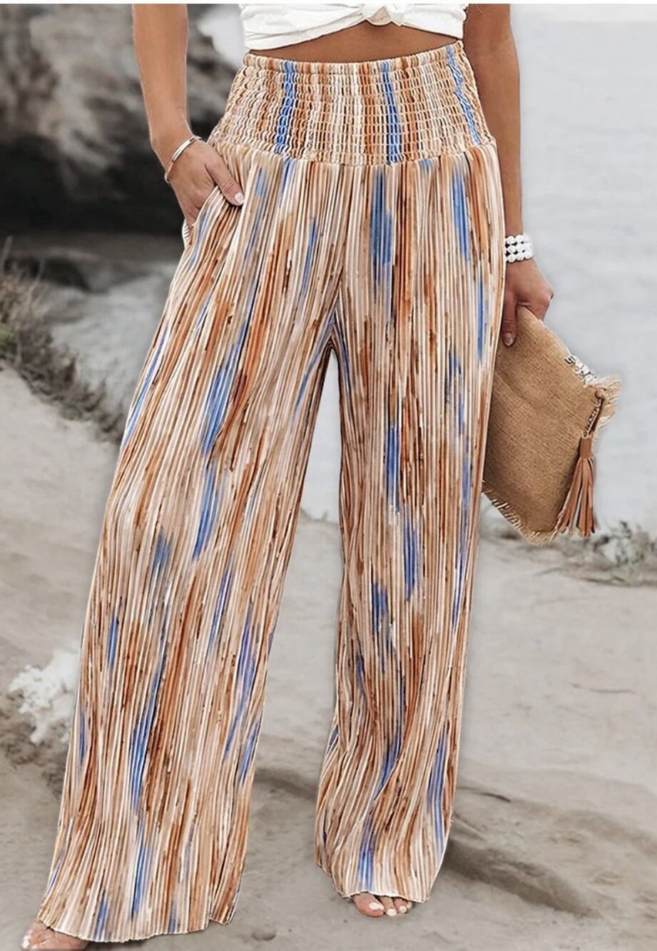 New Chic Me Tie Dye Print High Wait Elastic Waist Pleated Wide Leg Pants Size M